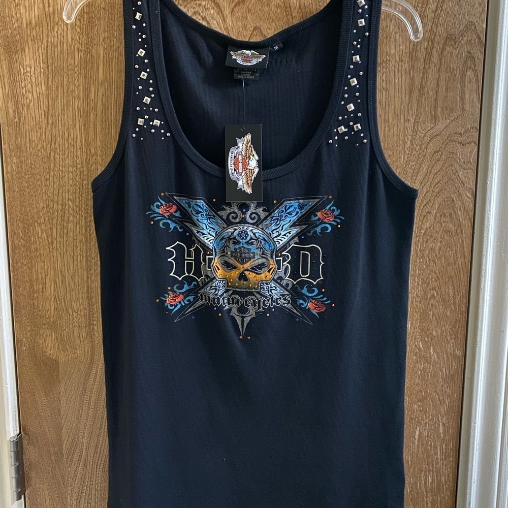 NEW Harley-Davison Tank Top Women Black Studded Skull Roses Print Ribbed Sz 1W
